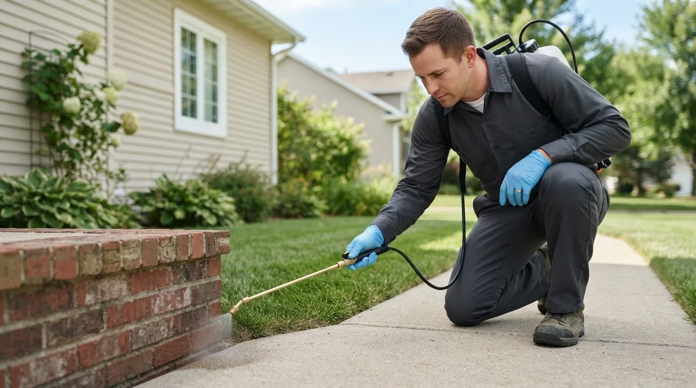 Pest control technician treating a home near Arlington, IA
