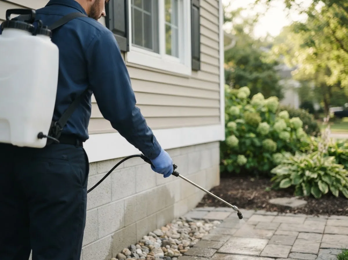 Pest control technician inspecting a home in Arlington, IA